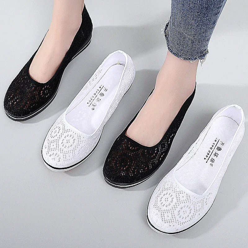 White Lace Hollow Breathable Little White Shoes Flat Mid Wedge Heel Women\'s Summer Beauty Shoes White Sneakers Women