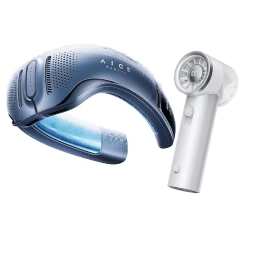 

Mini powerful handheld fan for outdoor use, pearly white, neck air conditioner in blue, ultra-portable with 3-speed cooling