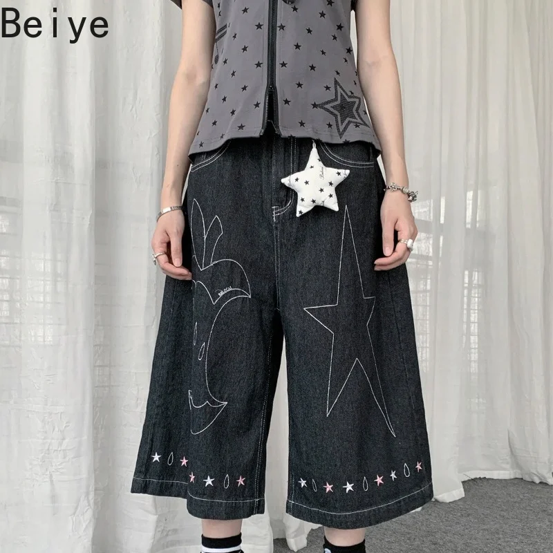 Jirai Kei Women Black Denim Capri Shorts Embroidery Loose Wide Leg Jeans with Star Female Japanese Plush Casual Denim Pants