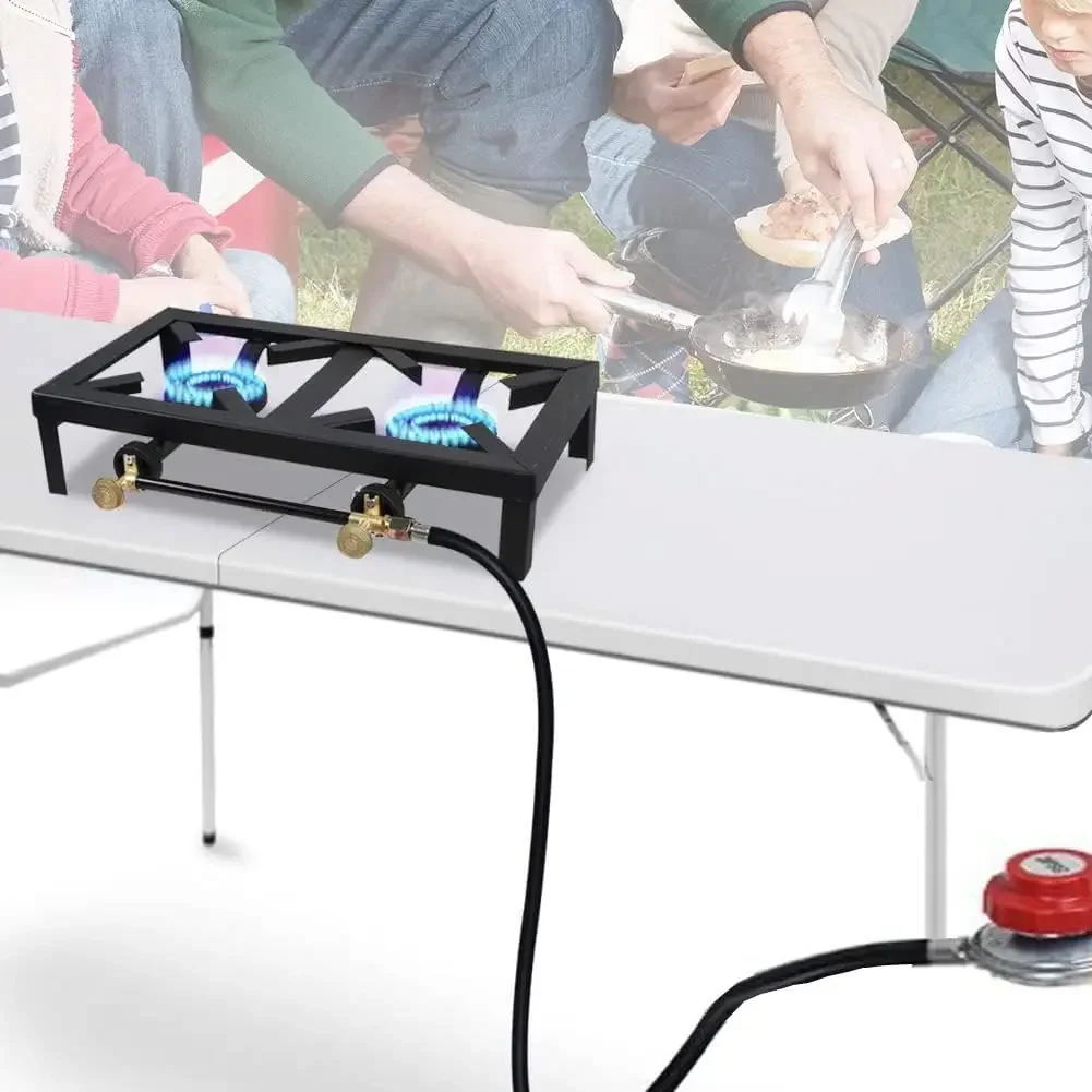موقد غاز البروبان المزدوج للتخييم والشواء والطباخ مع خرطوم منظم للخارج