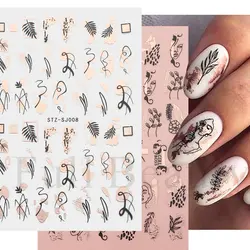 1pcs Rose Gold Leaf 3D Nail Decals Slider Metal Black Line Geometric Human Face Plants For Summer Manicure Art Stickers JISTZSJ