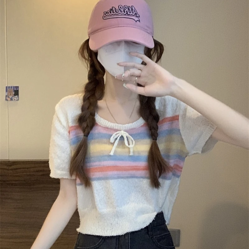 Rainbow Striped T-shirts Women Sweet Bow Summer Thin Short Sleeve O-neck Loose Tops Korean Style Versatile Casual Blouse Female