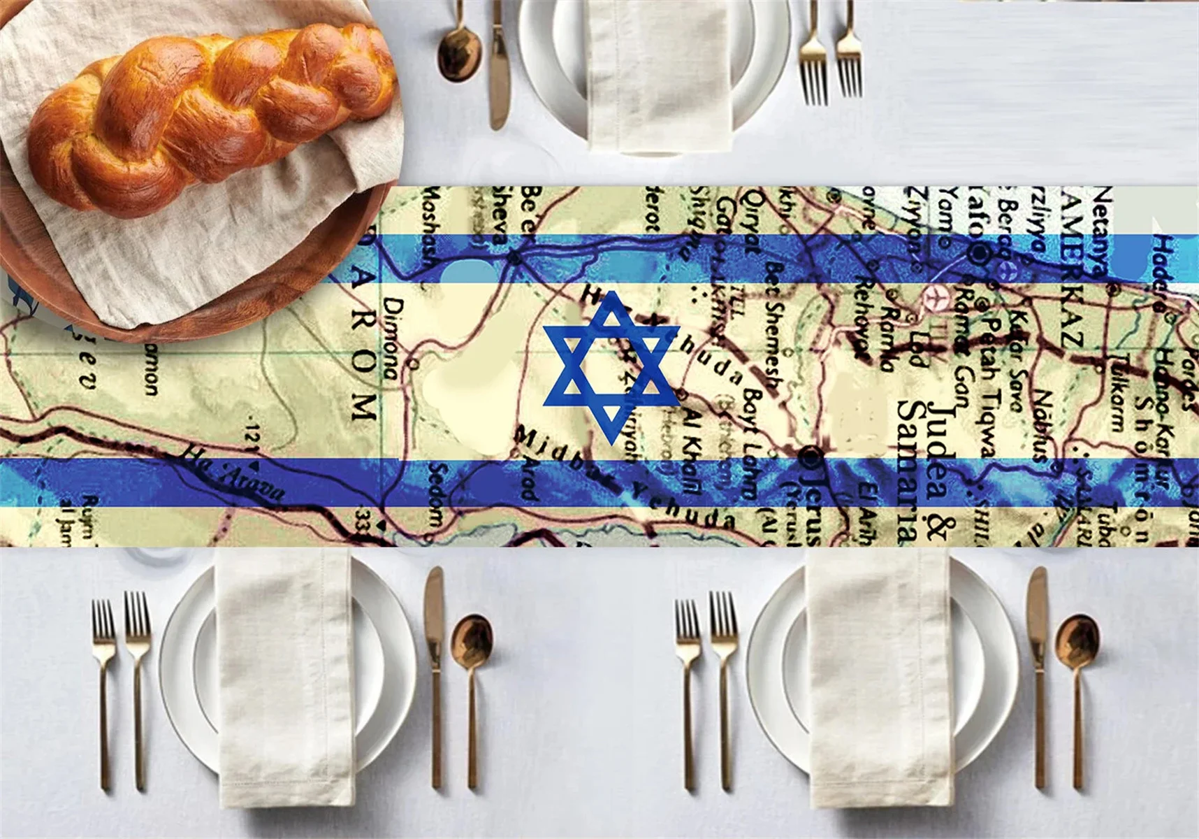 Israeli flag map table runner,  Israeli gift for festivals, Israeli artist, Israeli national map, Star of David