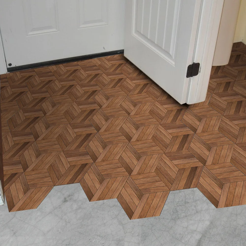 Walnut Wood Grain Hexagon Self-Adhesive Floor Wall Stickers Waterproof Anti-Slip For Living Room