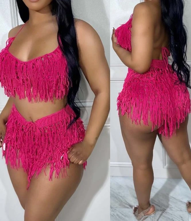 Womens Two Piece Sets Outfit 2024 Summer New Sexy Spaghetti Strap Crop Crochet Top & Fashion Tassel Design Shorts Set Casual