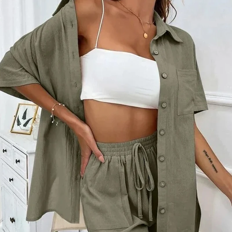 Summer Short Sleeve Shirt and Shorts Two Piece Set Women Cotton Clothing Casual Loose Blouse Drawstring Shorts Outfits 26296