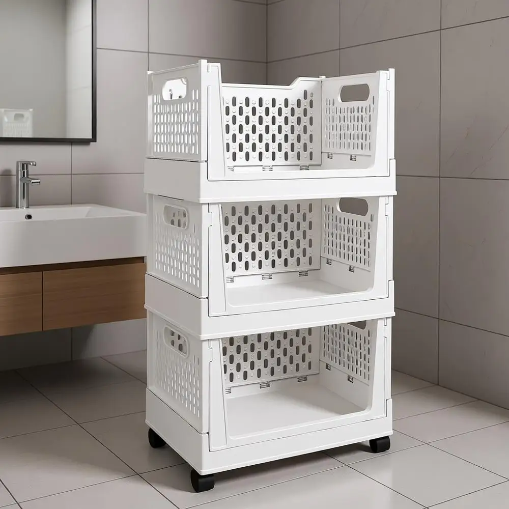 

Stackable Plastic Storage Basket, 3 Pack Collapsible Closet Organizers and Storage Bins with Wheels