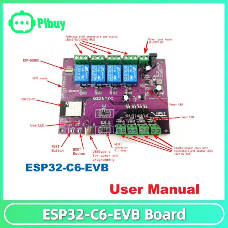 ESP32-C6-EVB Support Tasmota 4 Relay 4 Input with WIFI6 Bluetooth5 LE and Zigbee Connectivity for Matter and Smart Home Work