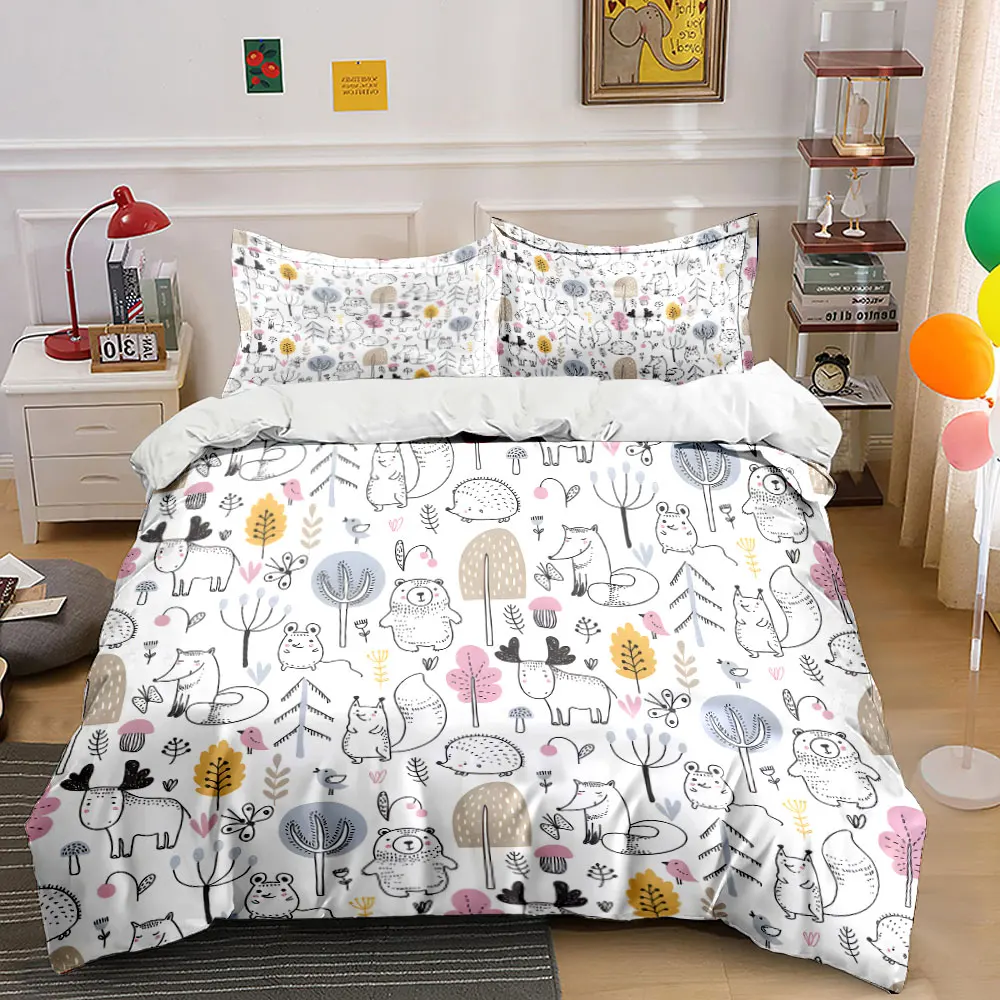 Cute woodland animal Hand-drawn patterns Print Bedding Set 1 Duvet Cover 2 Pillowcases for Adult and Children Luxury Gift