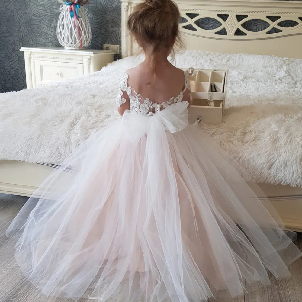 Wedding Flower Girl Dress With Sleeves Lace Tulle Princess Ball Gown For Party Junior Bridesmaid Dresses Sweet Kids Girl Clothes