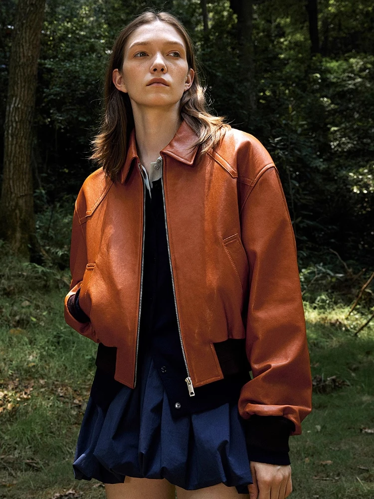 Vintage Genuine Leather Cropped Jackets for Women Spring Autumn 2025 New High-end Simple Soft Oil Wax Real Sheepskin Bomber Coat