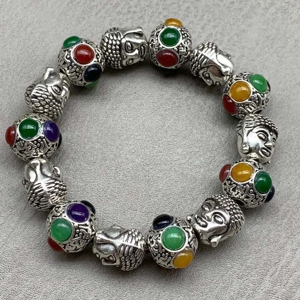 Special Tibetan silver, ancient  old silver miao, Shakyamuni Buddha head bracelet, inlaid with multi-treasure b