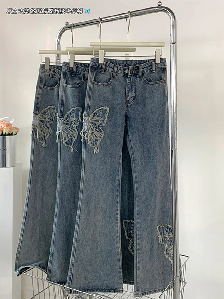 Jeans évasés en denim brodés pour femmes, bas de cloche Harajuku, streetwear long fjY2k, mode japonaise esthétique des années 2000