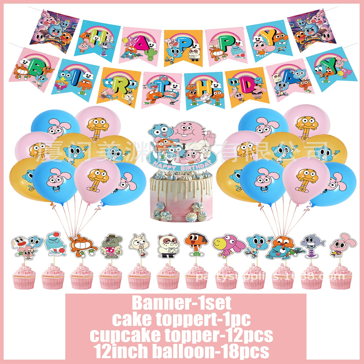 Cartoon Gumball Geburtstagsparty-Zubehör Erstaunliche Welt Happy Birthday Ballon-Banner Cupcake-Topper Hintergrund für Kinderparty-Dekoration – Detail 4
