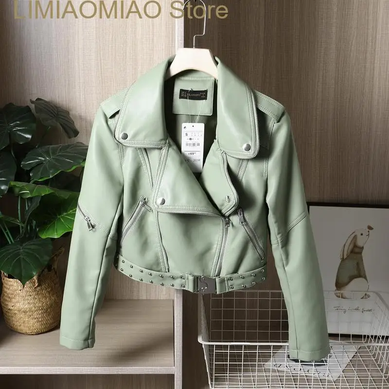 new Faux Leather Jacket Rivet Waist Buckle Spring Slim Long sleeve Biker Jacket Streetwear Beige Green Korean Short Coat