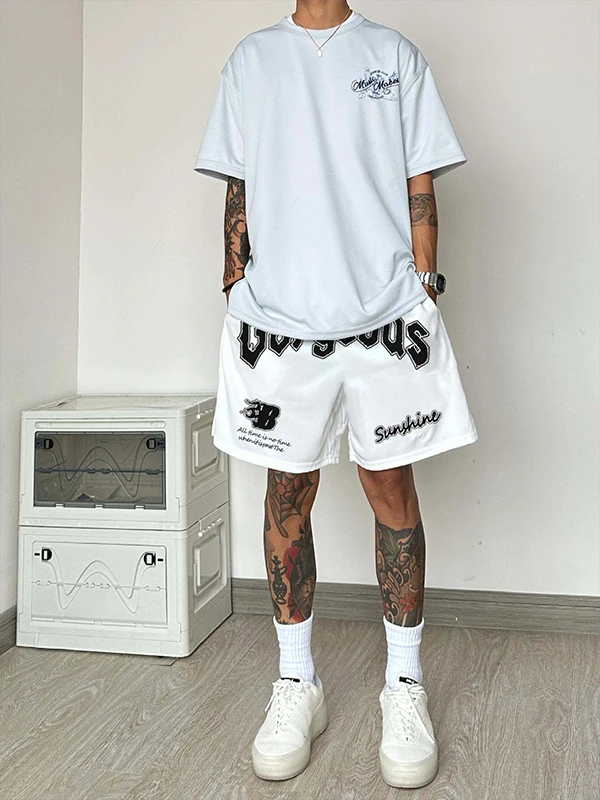 

American Hip Hop Letter Print Dstring Wide Leg ort Pants Men Summer Trendy Casual Loose Sports Straight Five-Quarter Pants