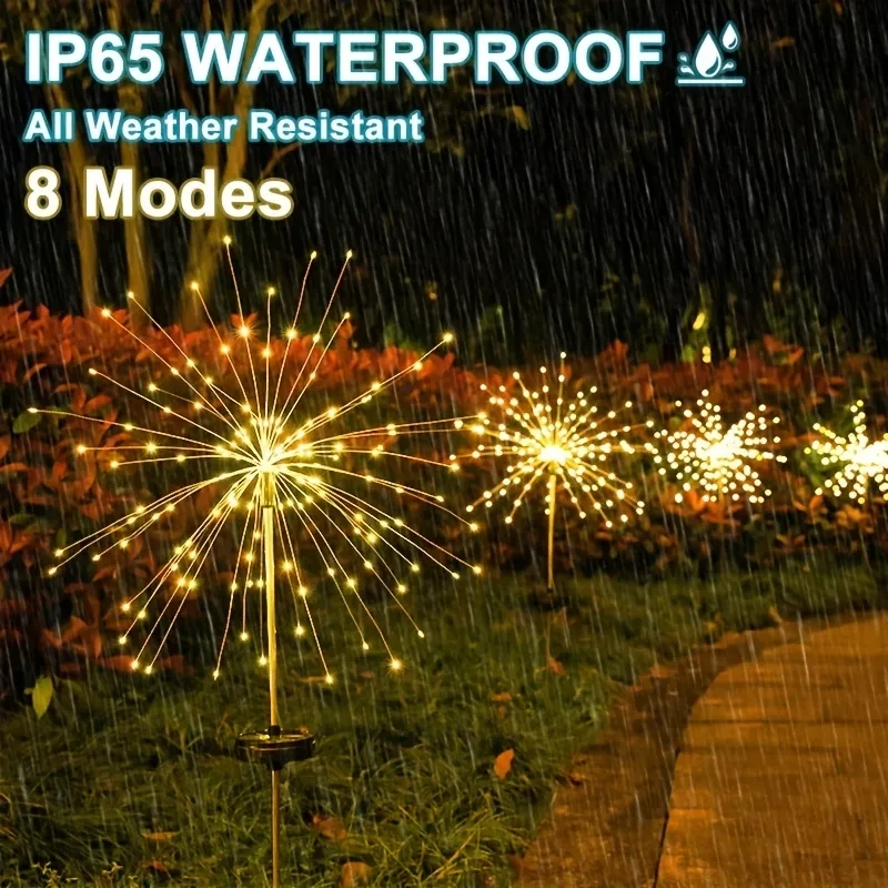 1/2/4pcs Solar Firework Light Waterproof Outdoor 8 Lighting Modes 90-200led Fairy String Light Christmas 3 Colors Garden JJ2502Y