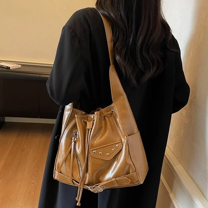American Retro PU Leather Drawstring Multi-pocket Large-capacity Tote Bag Storage Bags Crossbody Bag Shoulder Bags Woman Bag