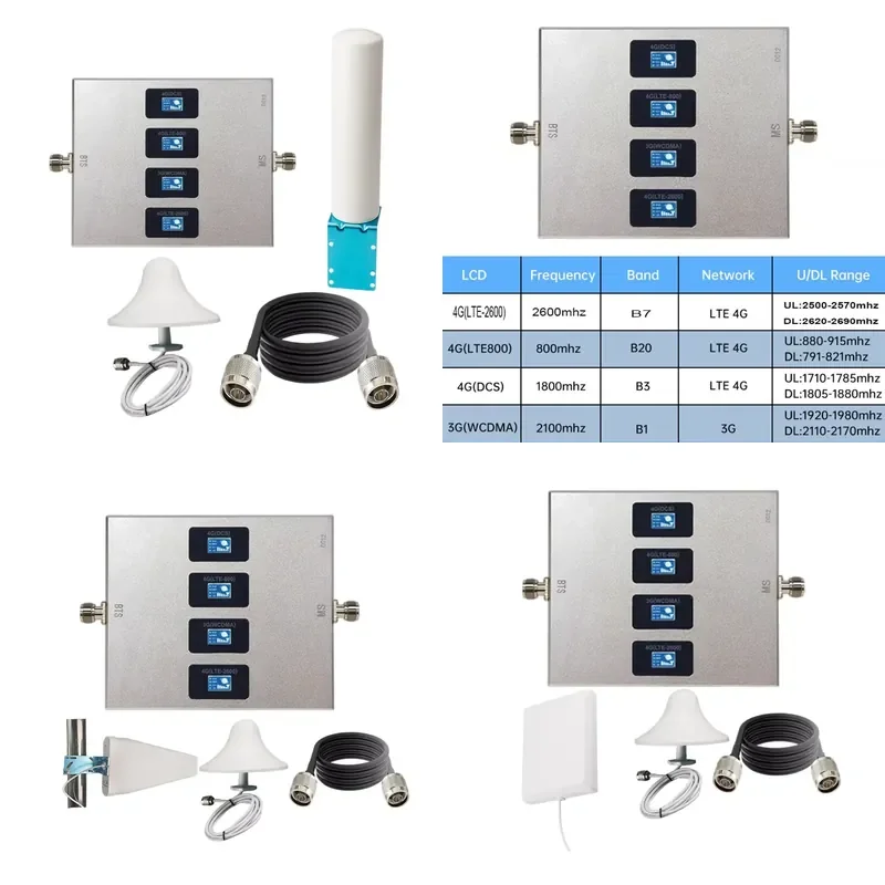 for 4 Band LTE Signal 800 900 1800 2100MHz GSM 3G 4G Cell Phone Repeater Kit Network Amplifier Improve Coverage