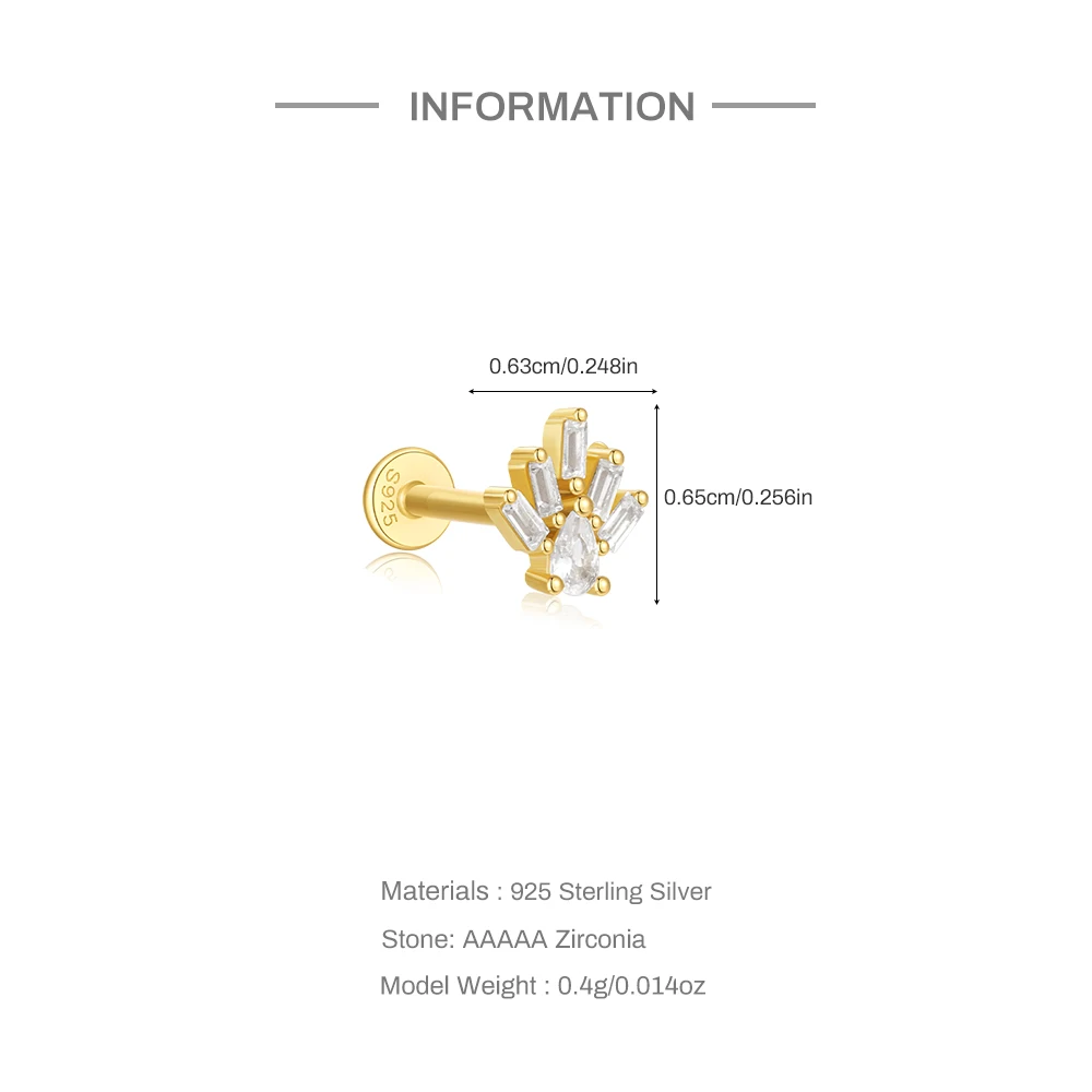 CANNER 1PC Drabina Kwadratowa Kropla Wody Cyrkonia Chrząstka Piercing 925 Srebrny kolczyk dla kobiet 18-karatowe złoto Ins Kolczyk sztyft