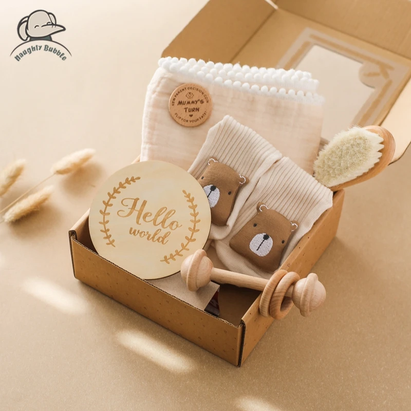 Baby Gift Set Newborn Infant Baby Towel Newborn Bath Toy Baby Drool Towel  Wood Rattle  Growth Milestone  Wool Brush  Baby Socks