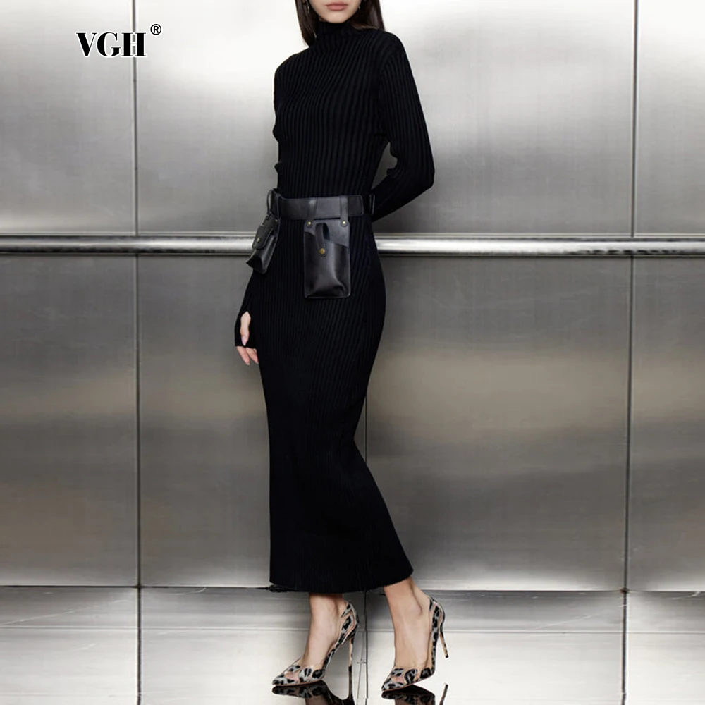 

VGH High Street Sexy Slimming Bodycon Dresses for Women Turtleneck Long Sleeve High Waist Spliced Belt Temperament Dress Female