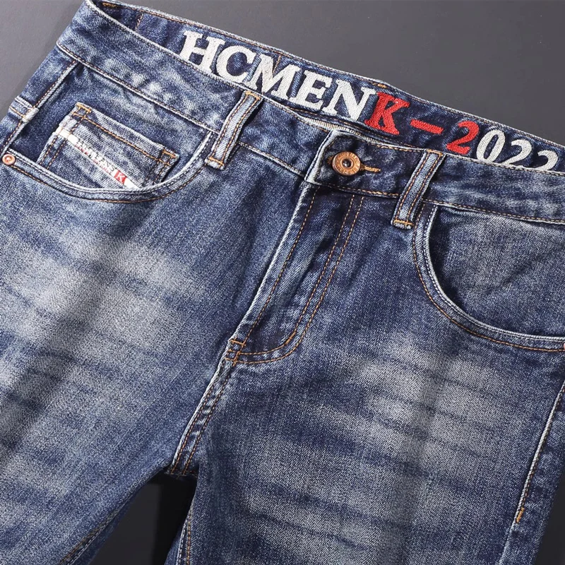 Fashion Designer Men Jeans High Quality Retro Washed Blue Elastic Slim Fit Vintage Jeans Men Embroidery Casual Denim Pants Homme