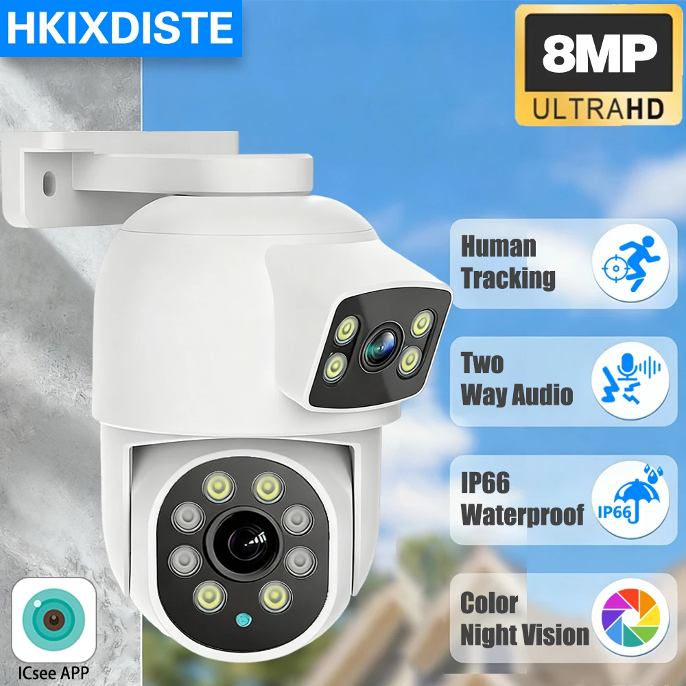 

WIFI+POE Rj45 Network 8MP 4K ICsee Dual Lens Dome PTZ Camera Security Monitoring 360° Tracking Home Outdoor Color Night Vision