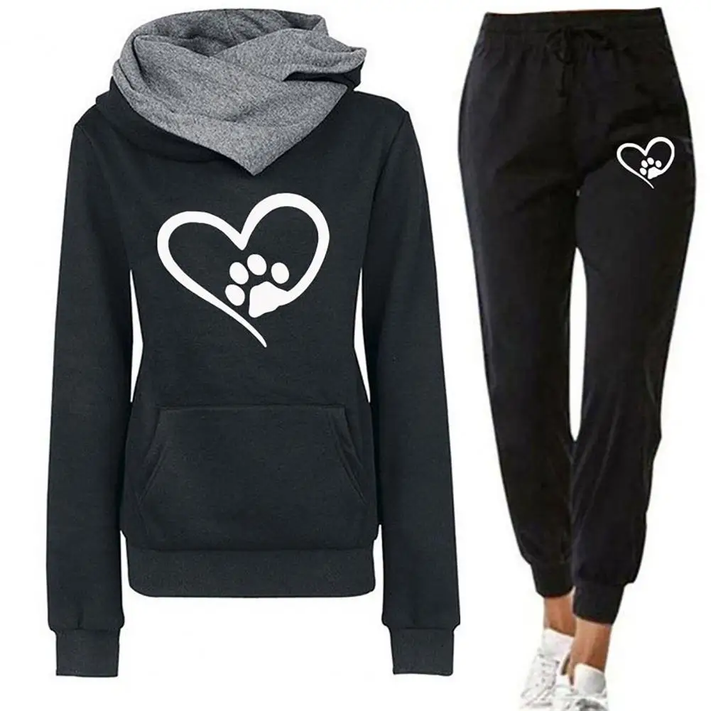 Women Sweatshirt Pants Set Heart Print Sport Outfit Women\'s Hooded Sweatshirt Jogger Pants Set for Autumn Winter Fitness