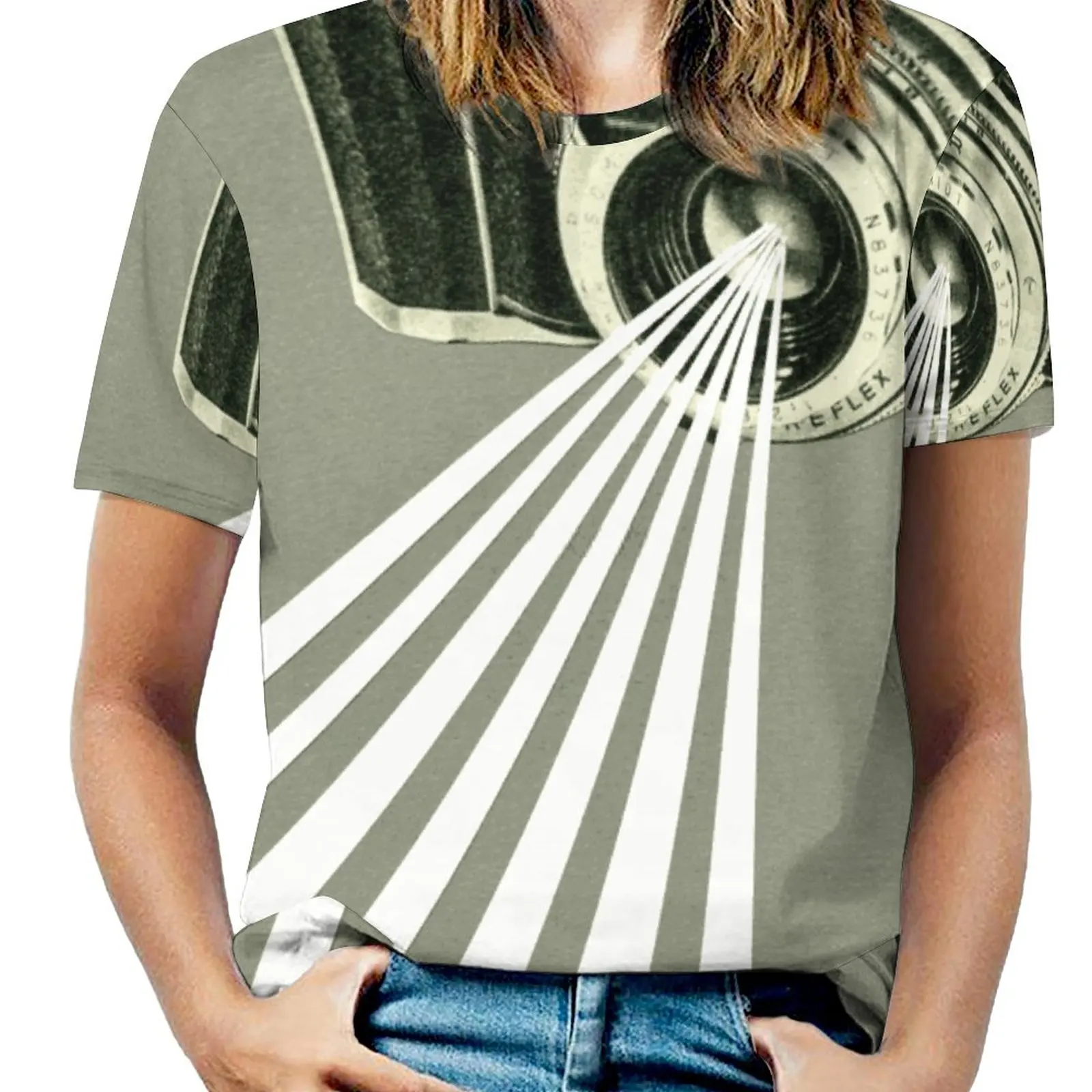 Depth Of Field Woman'S T-Shirt Spring And Summer Printed T Shirts Crew Neck Pullover Top Hand Cut Collage Paper Collage Camera