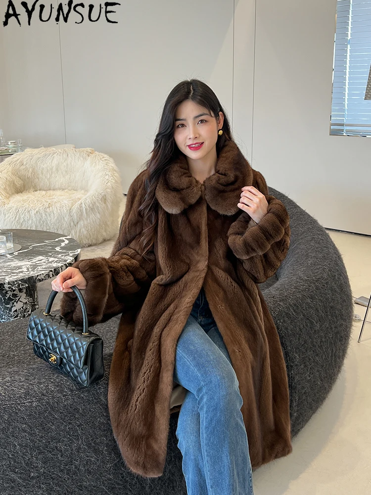 AYUNSUE 2025 ナチュラルミンクファーコート女性カボチャスリーブエレガントなリアルファーコート女性服高品質全体ミンク Шуба Женская
