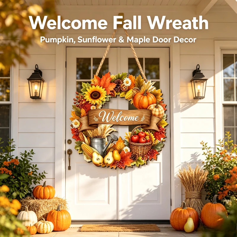 Autumn Harvest Wooden Welcome Hanging Sign Vintage Maple Sunflower Pumpkin Door Plaque Front Door Home Decor Ornament