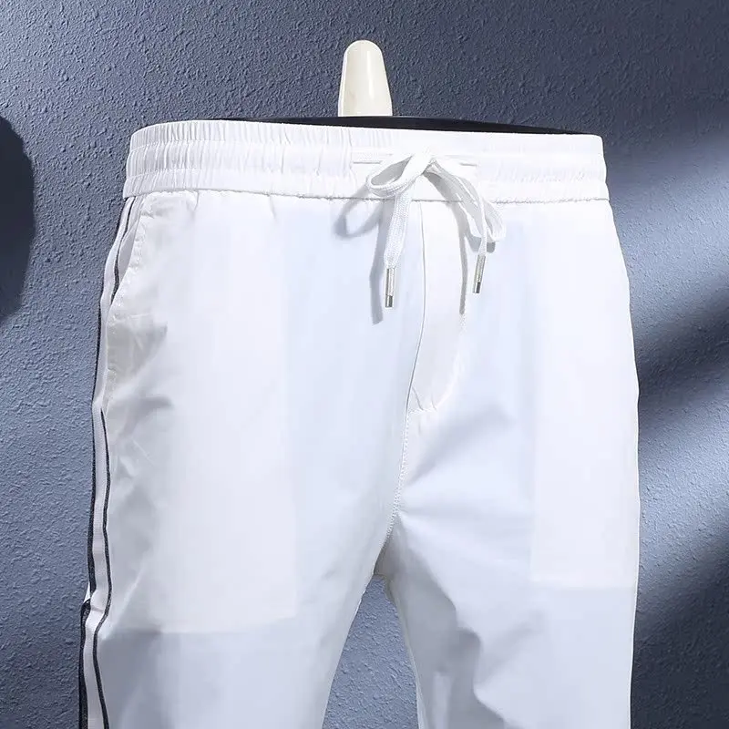 

Summer thin, cool, breathable, elastic waistband, white elastic, slim fit, ankle tied, casual pants, men's sports pants