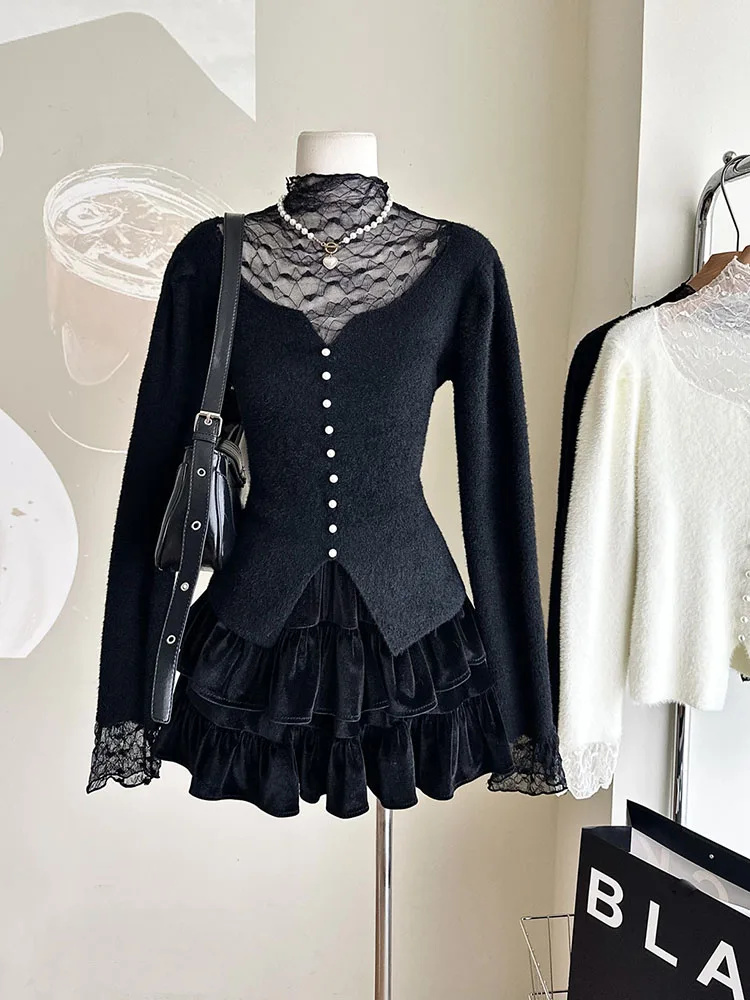 2000s Aesthetic Autumn Winter Solid Sweater Gyaru Lace Patchwork Sexy Jumper Turtleneck Long Sleeve Pullover Oversized Coquette