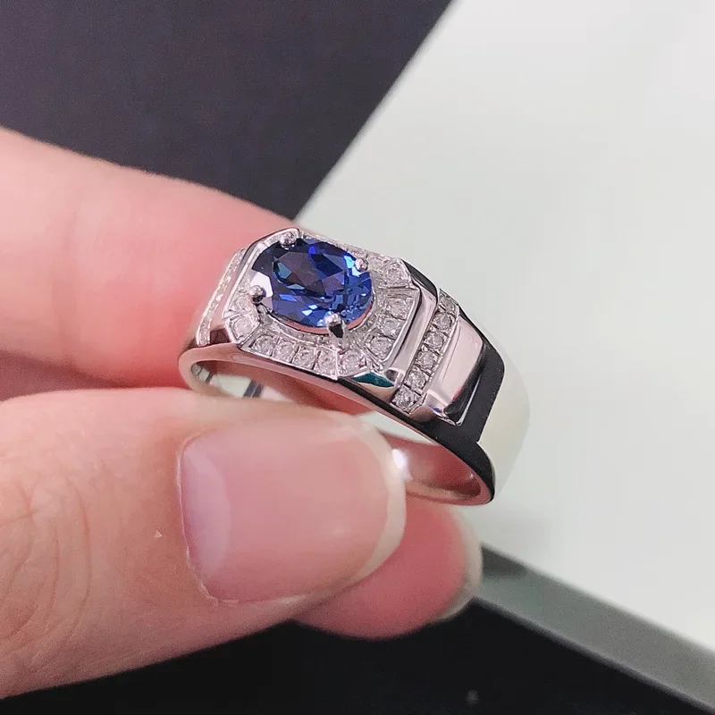 Solid 18K White Gold AU585 Platinum PT950 Men's Egg Shaped Sapphire Four Claw Ring Men's 1 Carat Diamond Ring