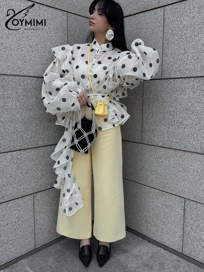 

Oymimi модные женские рубашки с белым принтом, элегантные свободные рубашки с круглым вырезом и пышными рукавами, повседневные рубашки на пуговицах с рюшами на шнуровке, уличная одежда