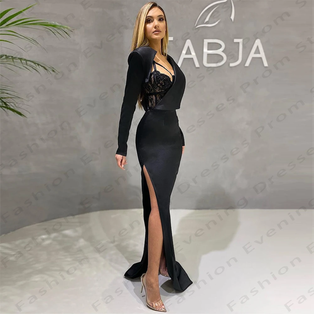 

2024 Black Satin Evening Dresses Women's Mermaid Long sleeved Sexy Side Split Princess Prom Gowns Fashion Celebrity Party Robe