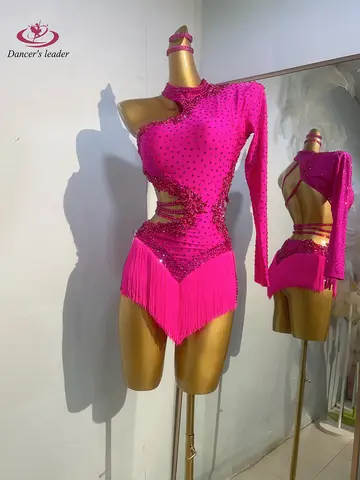 Latin Dance Costume Rhinestone Women's High-end Custom Full Diamond Splicing Tassel Skirt Tango Samba Performance Dress