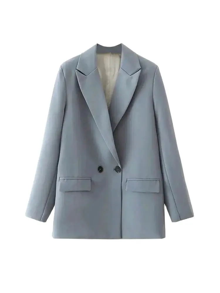 TRZA femmes Chic bureau dame Double boutonnage Blazer Vintage manteau mode col cranté à manches longues dames vêtements d'extérieur hauts élégants