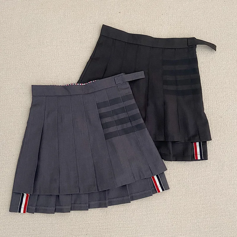 

Fashion Brand Short Front Long Back Asymmetric Stripes Design Preppy Style High Waist Slim-fit Pleated Skirt Women A-line Skirts