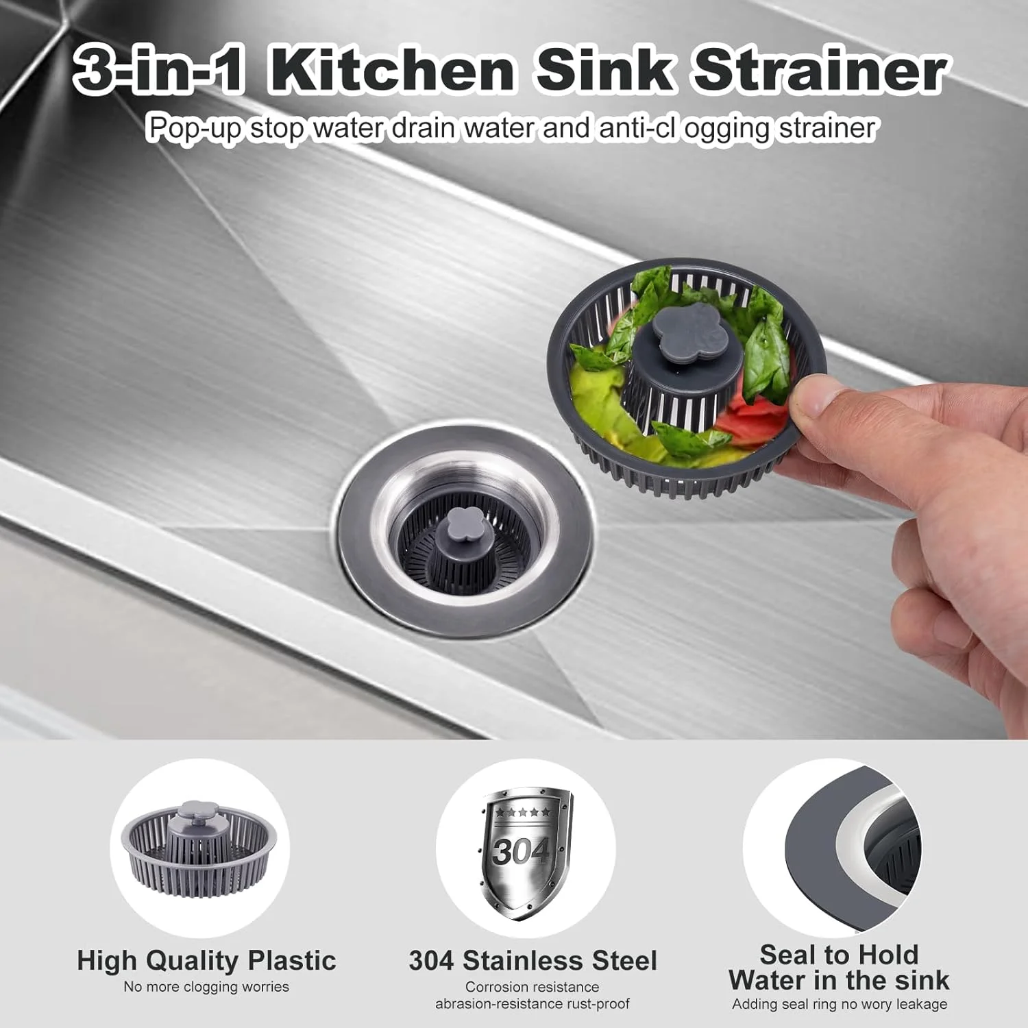 Upgraded  in 1 Kitchen Sink Drain Strainer - Stopper Set, 304 Stainless Steel -up Kitchen Sink Stopper with Strainer Basket, Fas