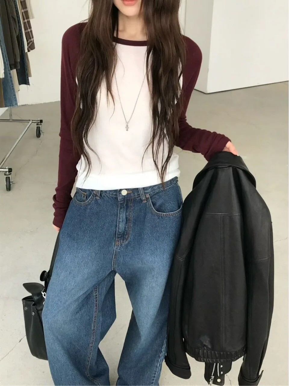 Early Autumn Fashionable Long Sleeve Shoulder Insert T-Shirt Women's Base Layer Top Color Block Korean Style Ageless Essential