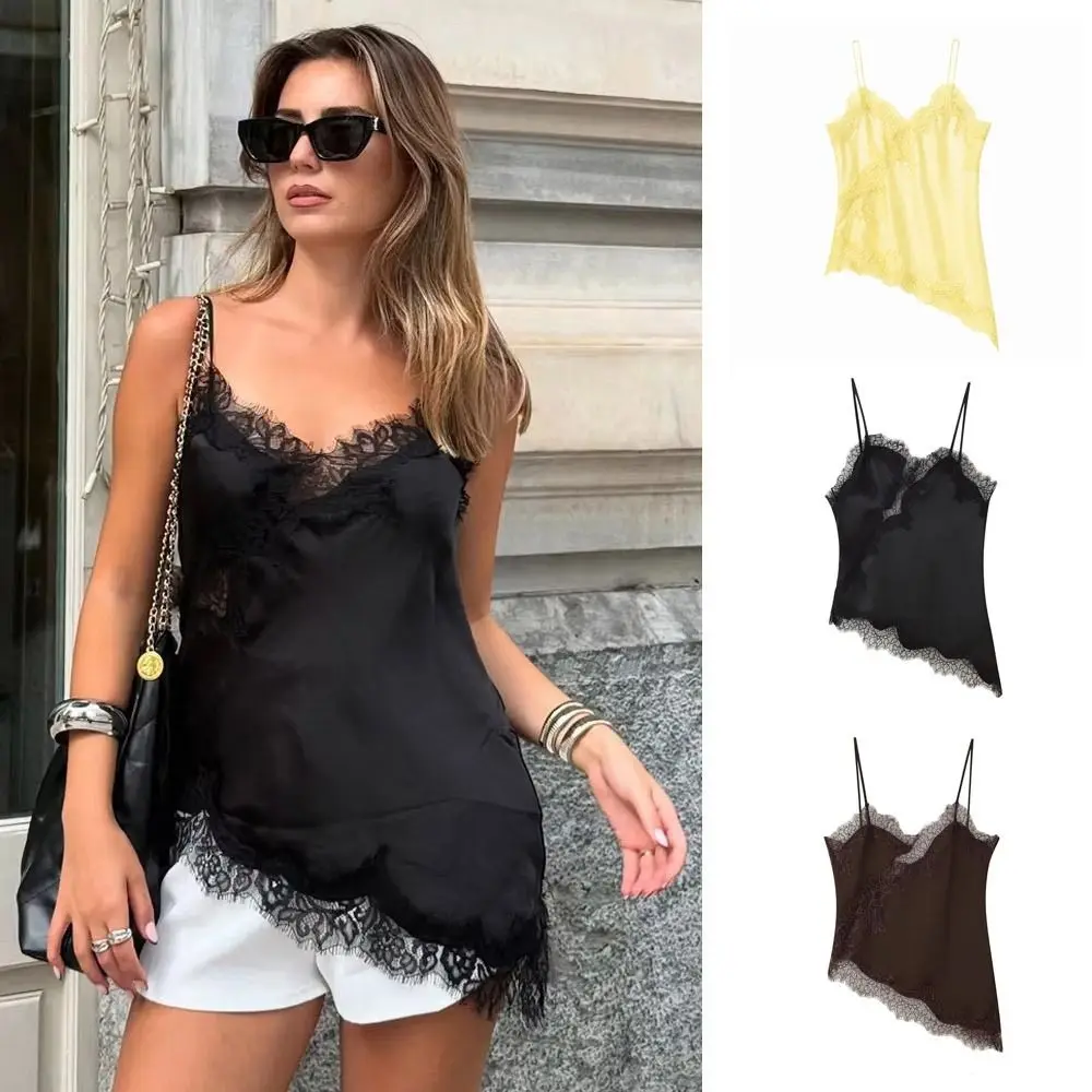 Elegant Asymmetrical Lace Lace Patchwork Top Sexy Lace Sleeveless Backless Tops V Neck Backless Women tank top Evening Dress