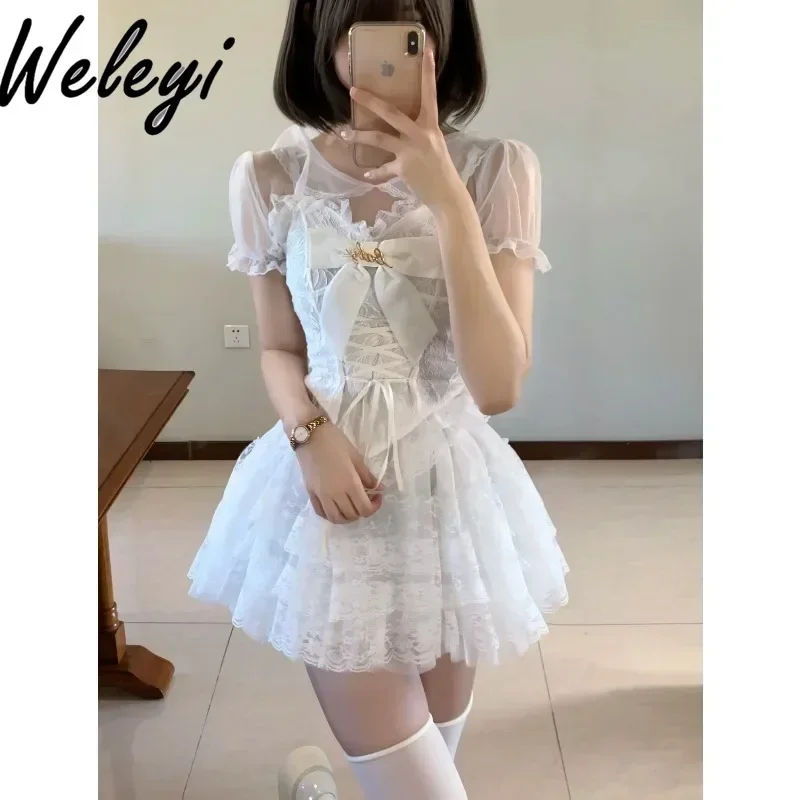 

Y2K Gothic Short Bow Top Lace and Puffy Skirt Ladies 2024 Summer New Original Subculture Sweet High-waisted Cake Skirt for Women