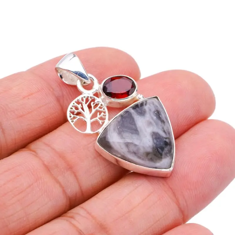 

StarGems® Natural Pinolith Jasper Garnet TreeHandmade 925 Sterling Silver Pendant 1.5" F4544