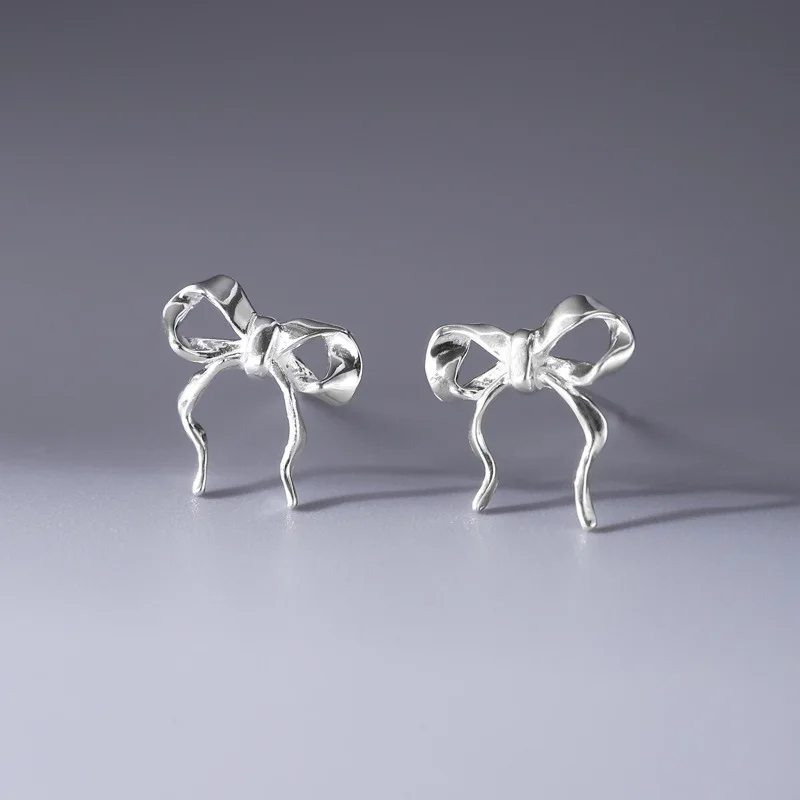 

925 Sterling Silver Bowknot Ribbon Stud Earrings For Girls Simple Sweet Cute Jewelry
