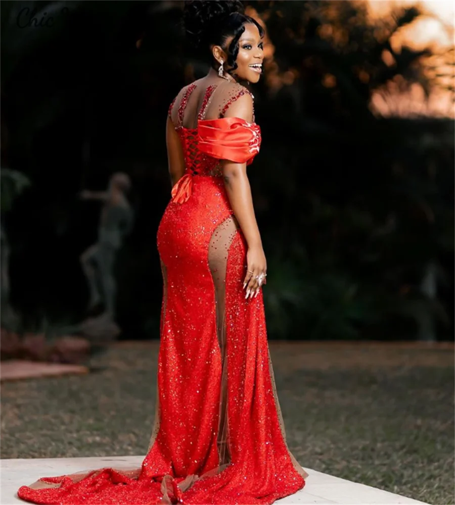 Amazing Red Sequin African Prom Dresses 2025 See Through Side Beaded Crystal Nigerian Evening Plus Size Birthday Customized