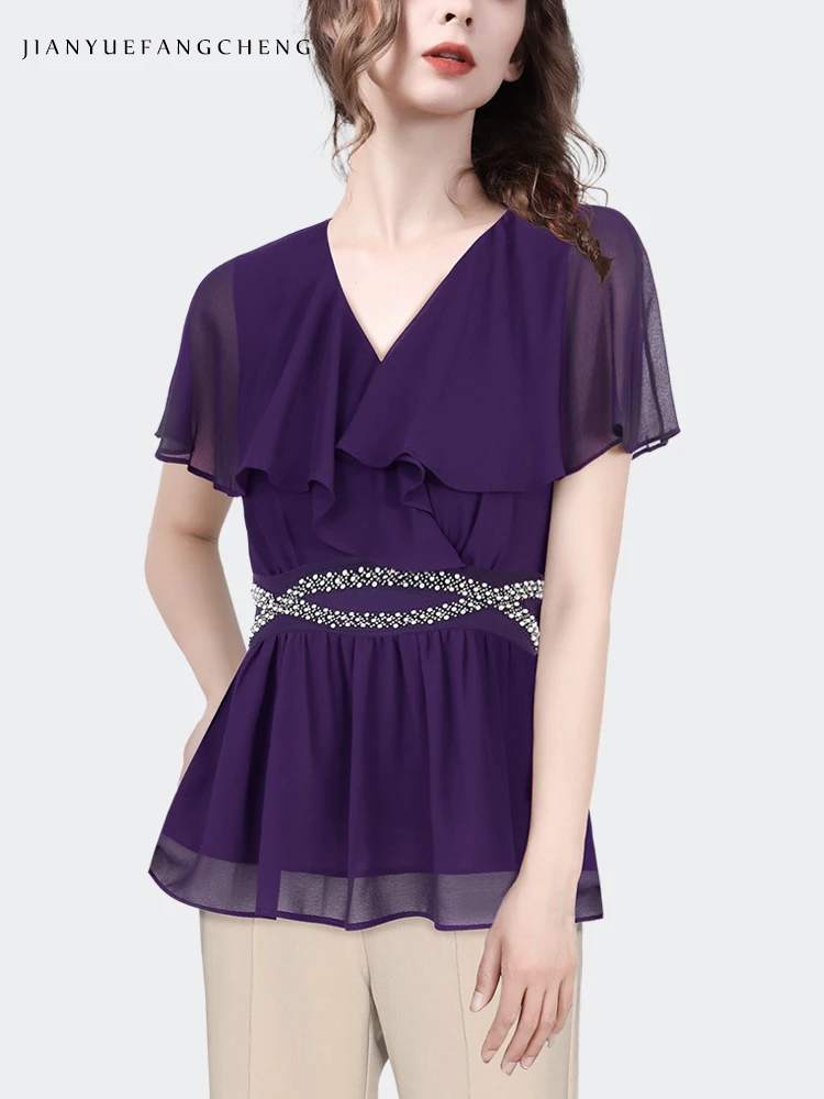 Luxury Diamond-studded Purple Chiffon Blouse Women Summer Short Sleeve V-Neck Ruffles Tops Elegant Slim Female Small Shirts