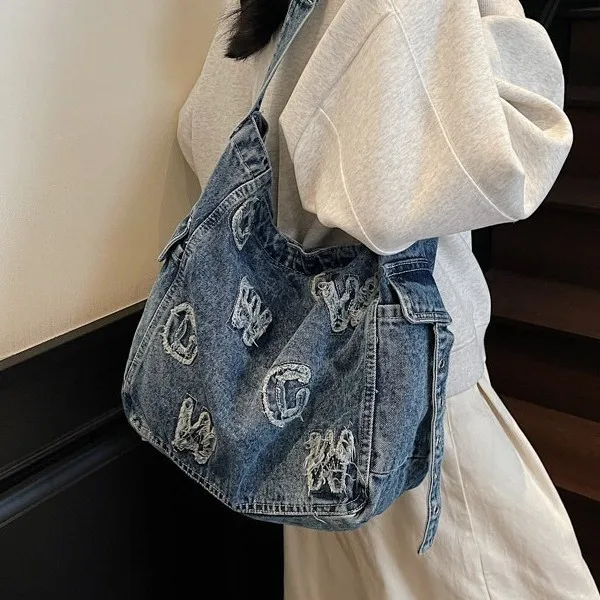 

Women's Denim Tote - Retro Fringed Letter, Large-Capacity Commuter Crossbody Bag