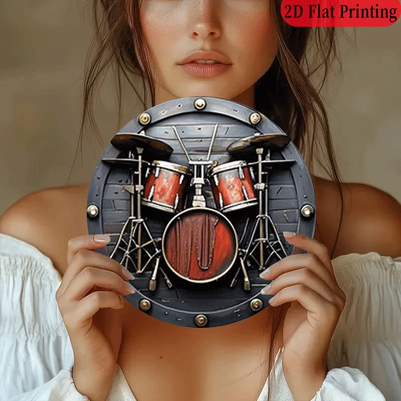 2D مسطح، 1 قطعة، 20.32 × 20.32 سم 2D علامة ألومنيوم مستديرة، أداة فرقة طبلة عتيقة، لوحة معدنية لموسيقى الروك، لوحة قديمة بطابع شريطي